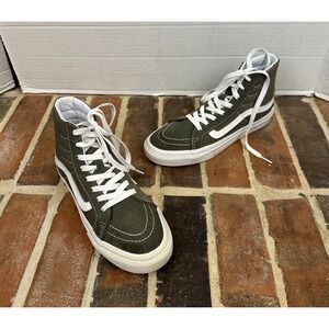 Vans Sk8 Hi High Top Sneakers Skate Shoes Olive Green White Canvas Suede Women 7